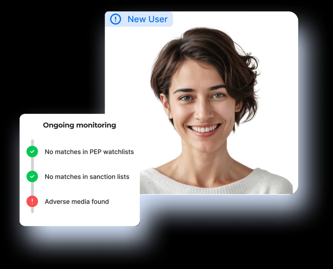 Portrait of a smiling woman with a system message overlay showing user monitoring results: no matches in PEP or sanctions lists, but adverse media found.