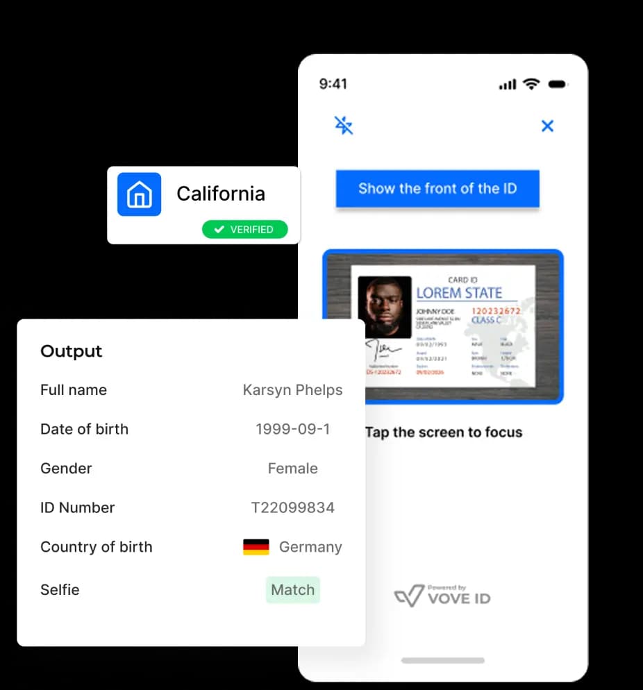 صورة مركبة تظهر هاتفًا ذكيًا ومربعين للبيانات. شاشة الهاتف تطلب 'Show the front of the ID' (أظهر الوجه الأمامي للهوية) مع بطاقة هوية وهمية. تعرض مربعات البيانات حالة Verified (تم التحقق) لولاية كاليفورنيا ومعلومات مستخرجة من الهوية، بما في ذلك الاسم، تاريخ الميلاد، الجنس، ومطابقة صورة سيلفي.