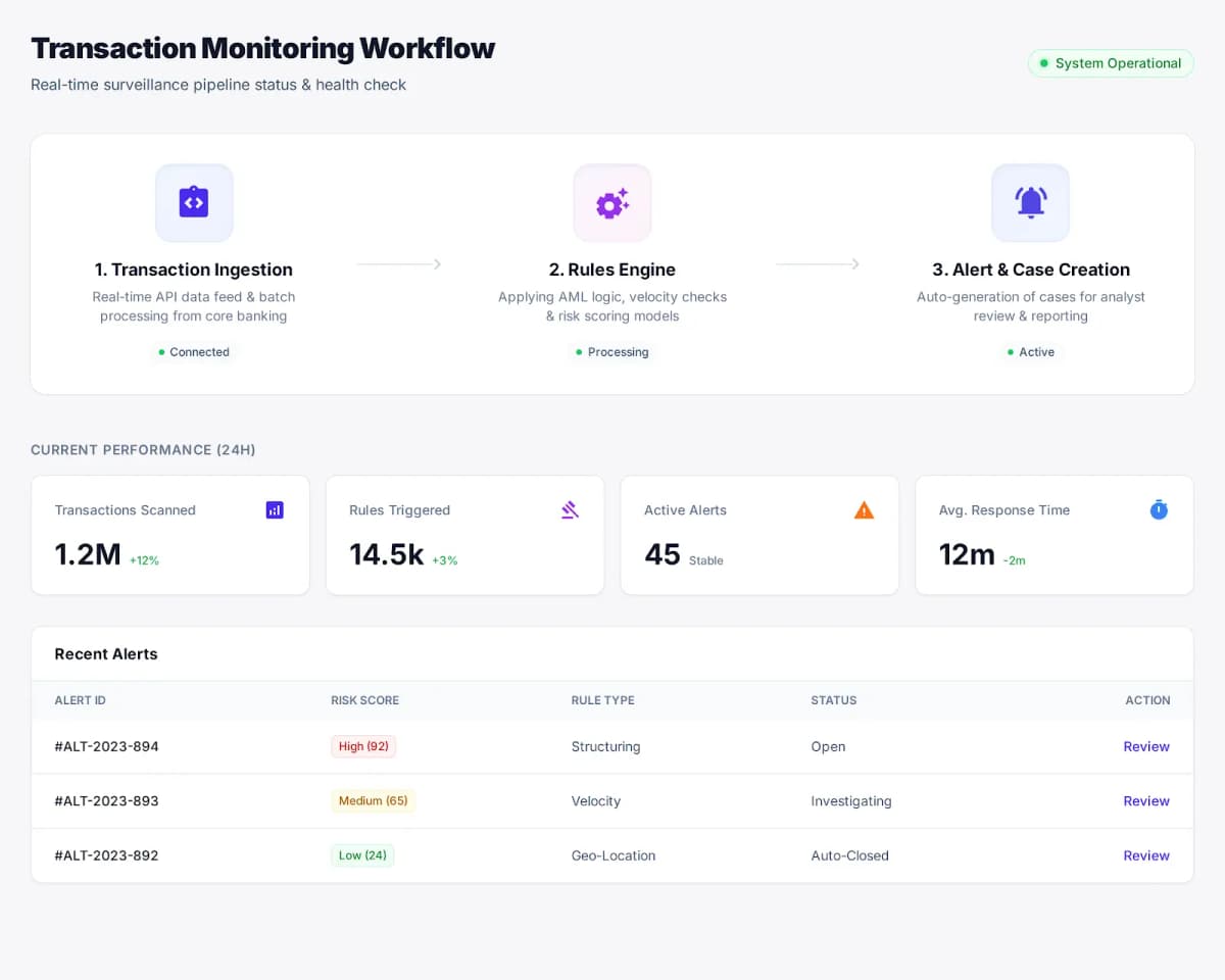 A flow diagram showing transaction ingestion, rules evaluation, alert generation, and case management workflow
