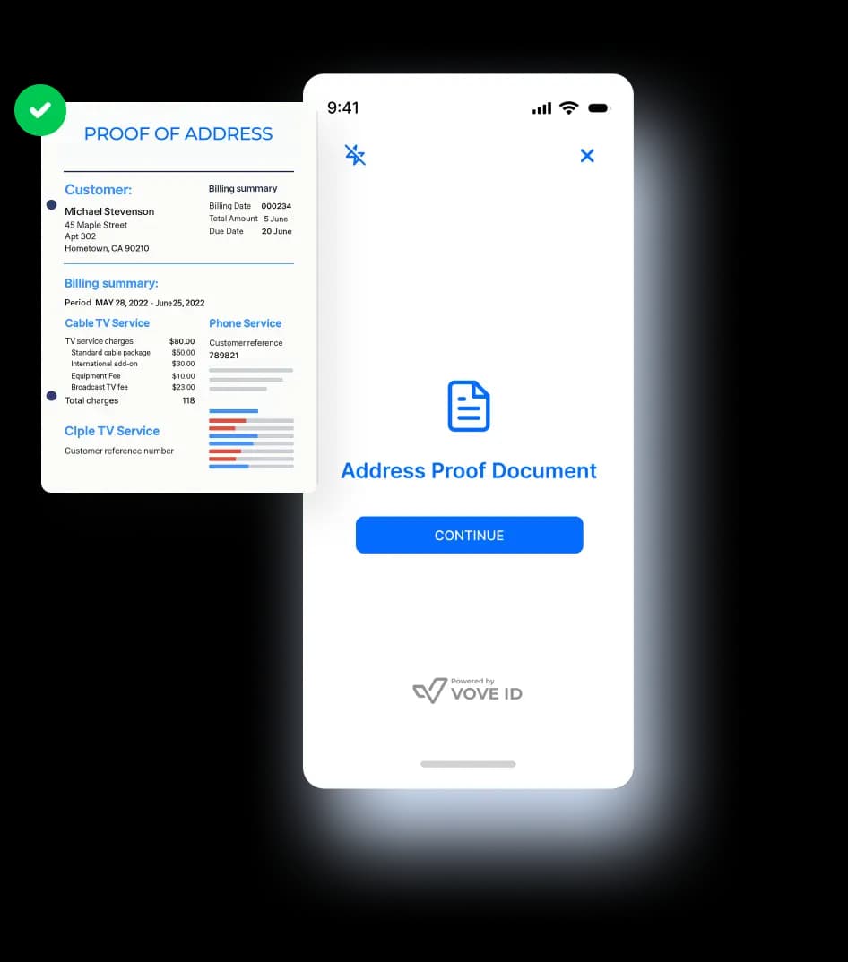 صورة مركبة تظهر هاتفًا ذكيًا ومربعًا للبيانات. تعرض شاشة الهاتف مطالبة بتحميل مستند إثبات العنوان. يعرض مربع البيانات مستند إثبات العنوان تم التحقق منه، مع تفاصيل الفواتير والعميل.