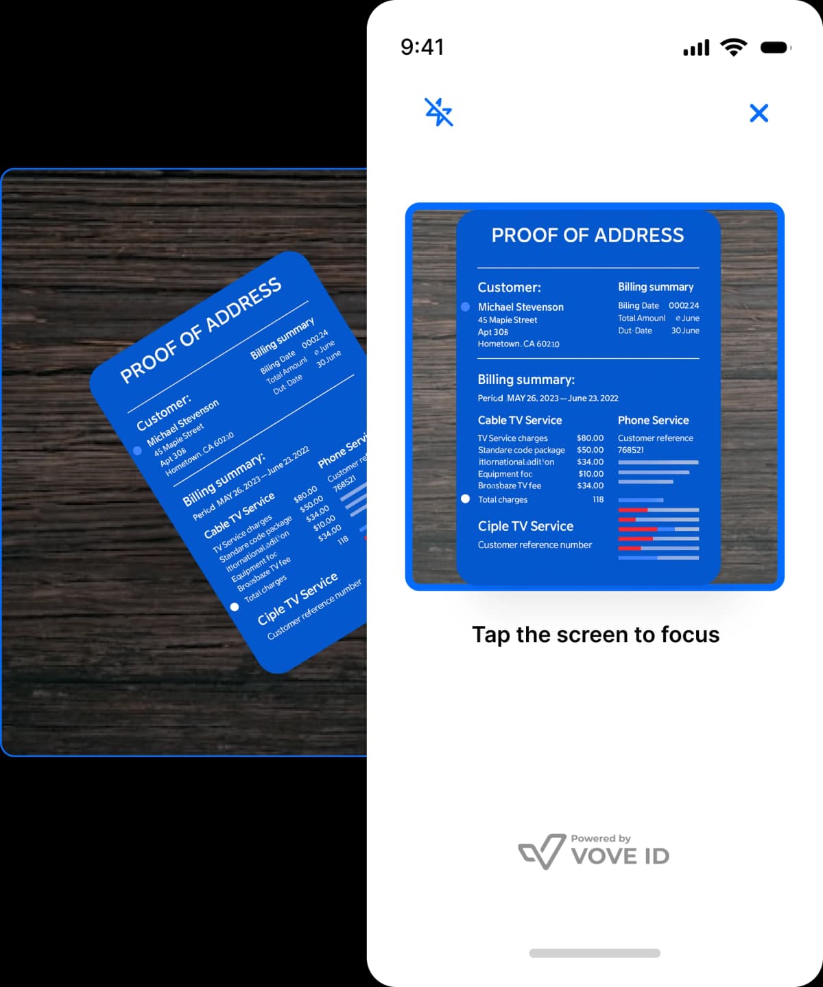 شاشة هاتف ذكي تظهر مطالبة بمسح الوجه الأمامي لبطاقة الهوية. تظهر بطاقة هوية وهمية على الشاشة. شعار VOVE ID موجود في الأسفل.